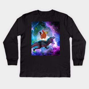 Chicken Riding Dinosaur In Space Kids Long Sleeve T-Shirt